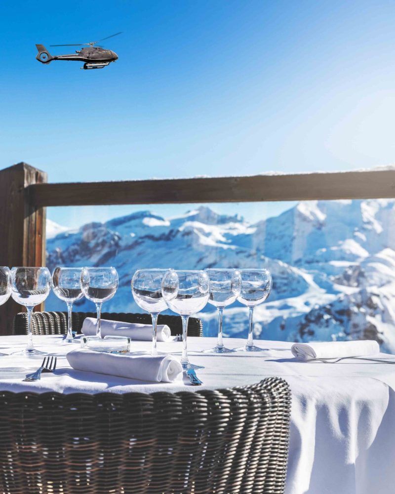 luxury restaurant table with beautiful landscape view in alpine mountains