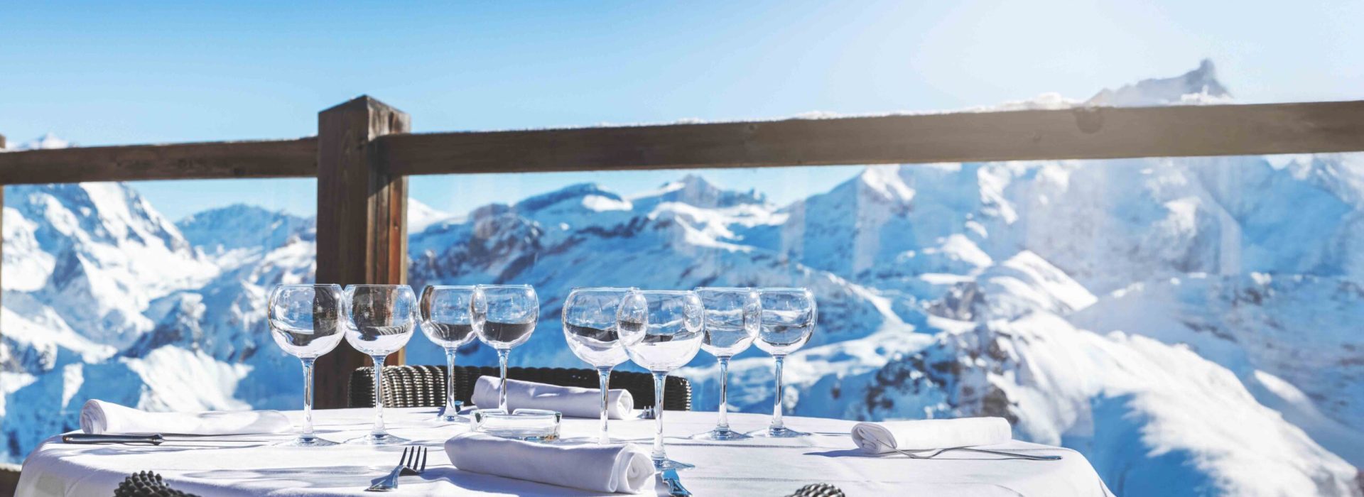 luxury restaurant table with beautiful landscape view in alpine mountains