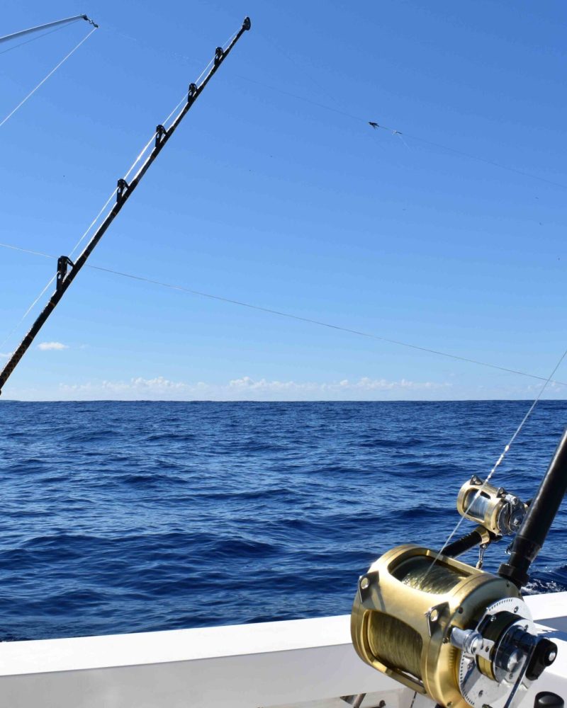 Fishing rods set on a boat for a big game fishing trip. Leisure,
