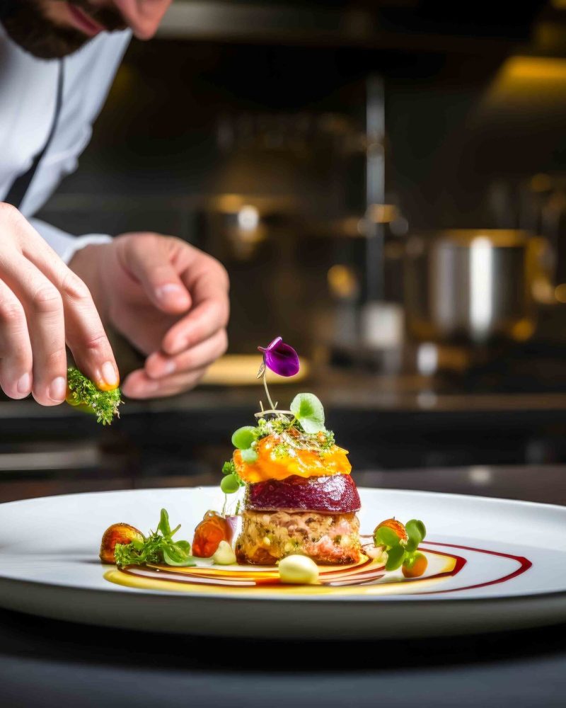 Chef garnishes exquisite dish, showcasing culinary artistry and