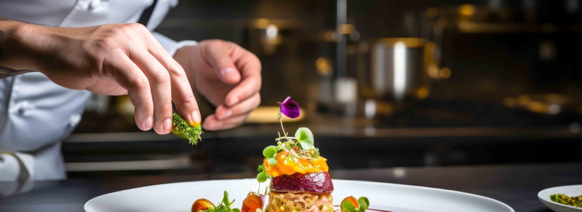 Chef garnishes exquisite dish, showcasing culinary artistry and