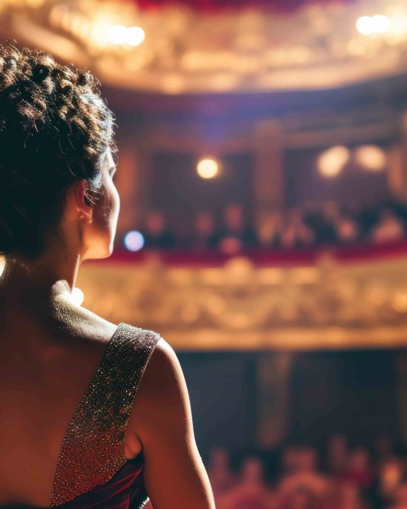 Close Up of Ballerina in Pointe Shoes and White Tutu Dancing and Rehearsing on Classic Theatre Stage with Dramatic Lighting. Graceful Classical Ballet Female Dancer Performing a Choreography