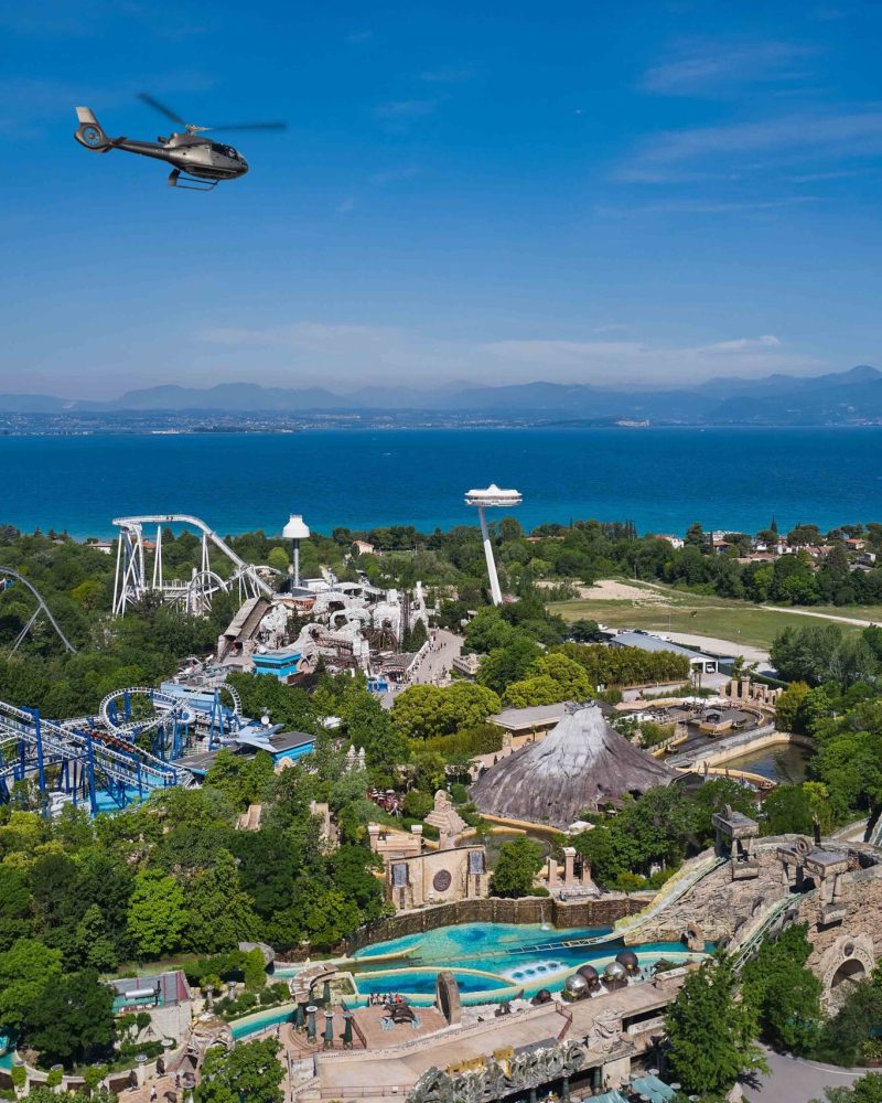 Extreme entertainment garda. Panorama of Lake Garda, Italy. Aerial view of an amusement park, Lake Garda Italy. Amusement park Italy. Panorama at high altitude.