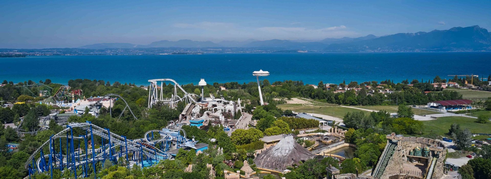 Extreme entertainment garda. Panorama of Lake Garda, Italy. Aerial view of an amusement park, Lake Garda Italy. Amusement park Italy. Panorama at high altitude.