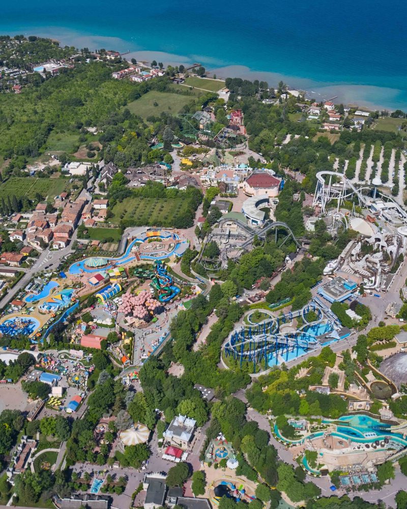 Top view of an amusement park, Lake Garda Italy. Amusement park Italy. Extreme entertainment garda. Panorama at high altitude.  Panorama of Lake Garda Italy.