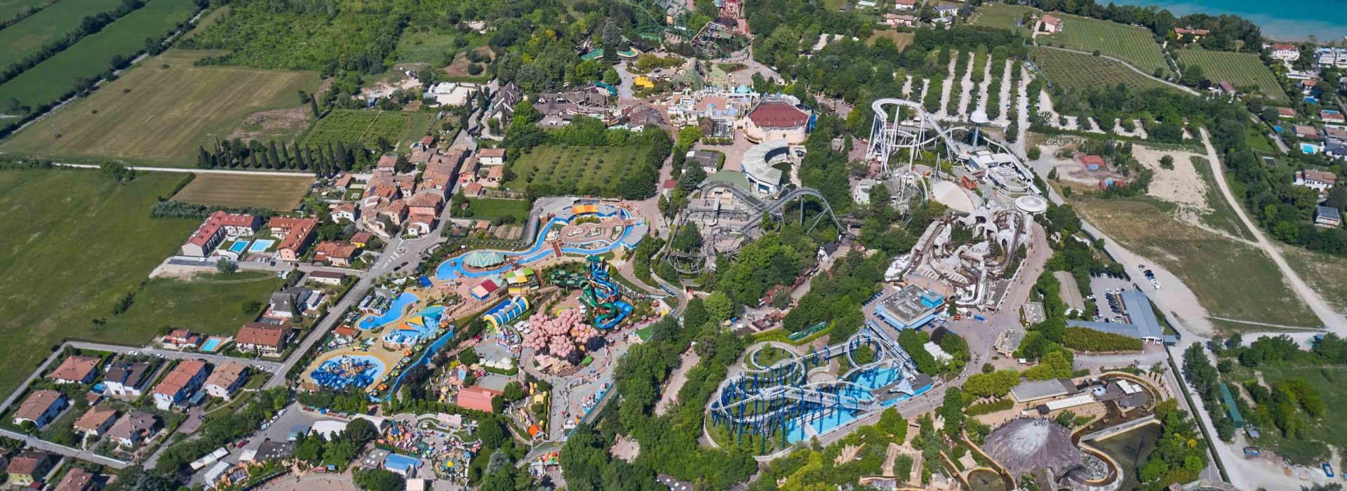 Top view of an amusement park, Lake Garda Italy. Amusement park Italy. Extreme entertainment garda. Panorama at high altitude.  Panorama of Lake Garda Italy.