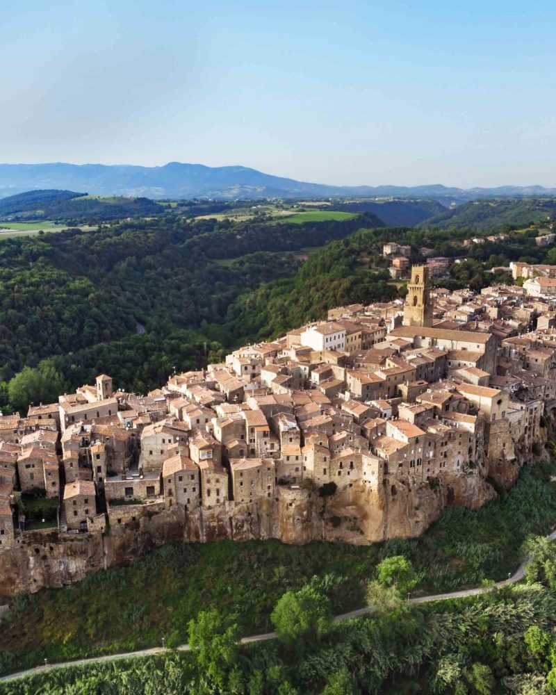 Aerial view of Pitigliano town, located atop a volcanic tufa ridge, known as the little Jerusalem. Etruscan heritage, Grosseto, Tuscany, Italy.
