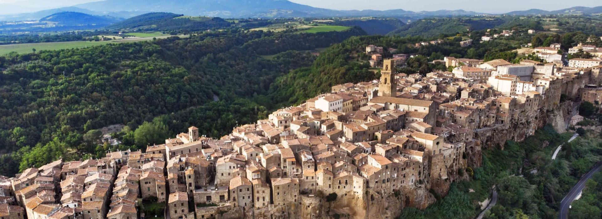 Aerial view of Pitigliano town, located atop a volcanic tufa ridge, known as the little Jerusalem. Etruscan heritage, Grosseto, Tuscany, Italy.