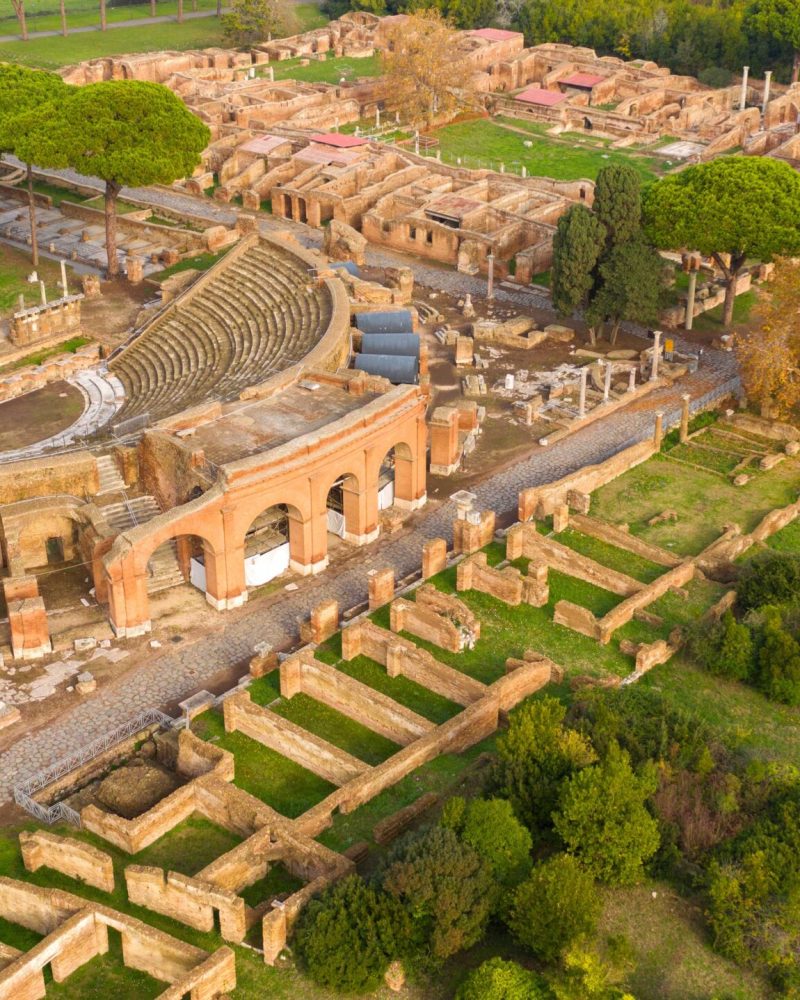 Aerial view on the Roman theatre of Ostia Antica, a large archae