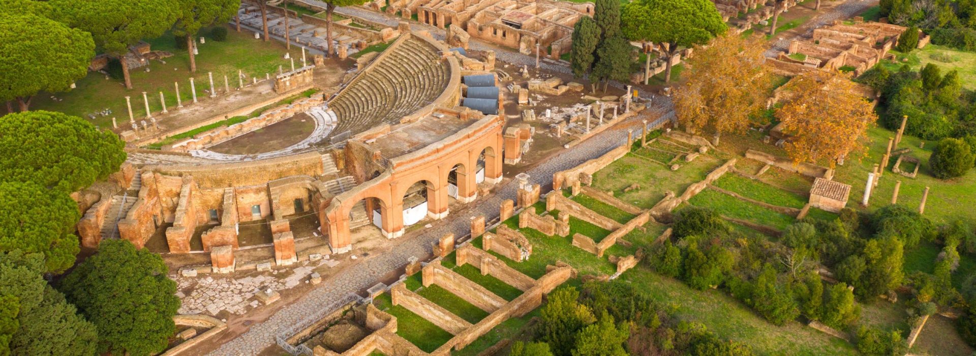 Aerial view on the Roman theatre of Ostia Antica, a large archae