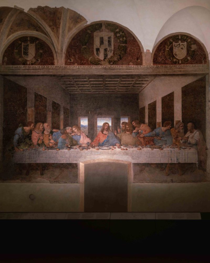 Monumental painting by Leonardo da Vinci depicting the scene of the last meal of Christ with the disciples: The Last Supper in the refectory of the monastery of Santa Maria delle Grazie
