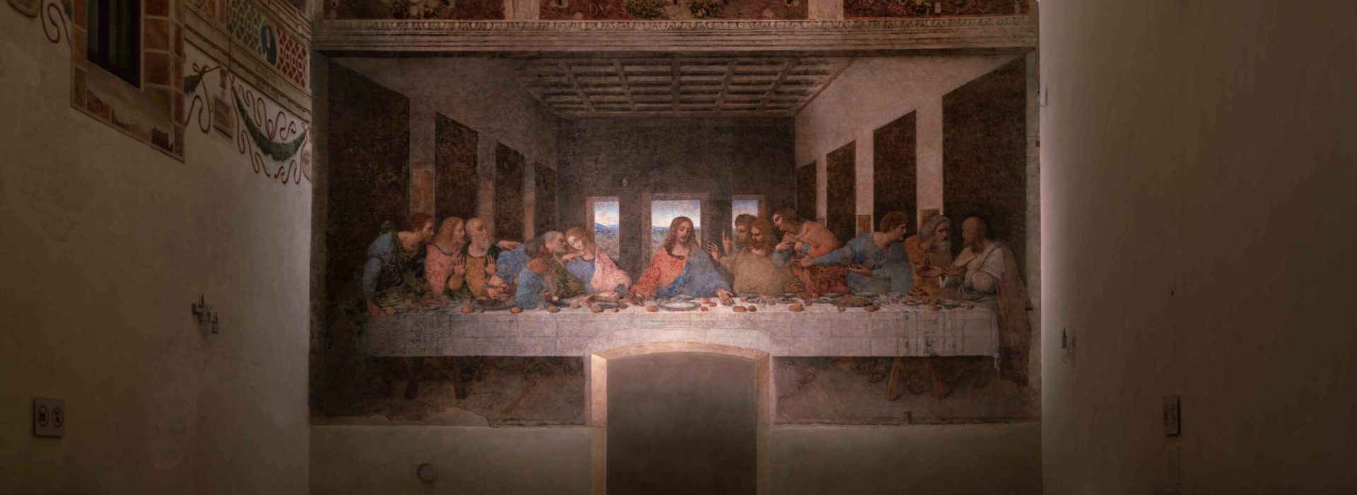 Monumental painting by Leonardo da Vinci depicting the scene of the last meal of Christ with the disciples: The Last Supper in the refectory of the monastery of Santa Maria delle Grazie