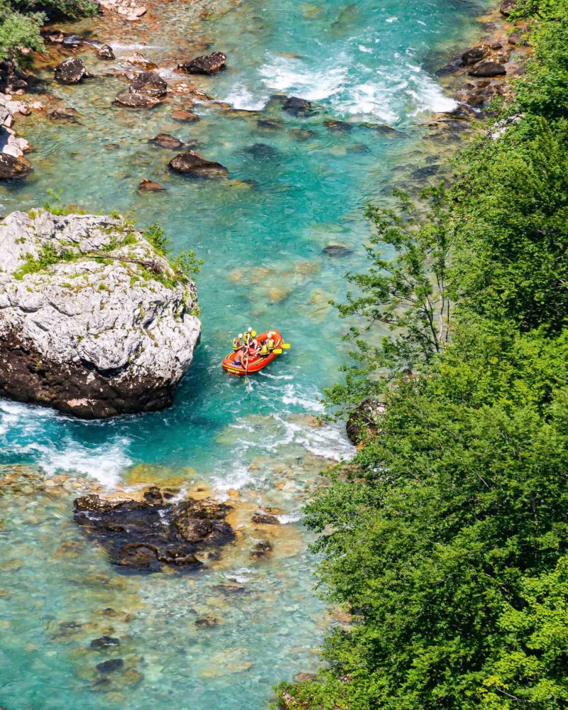 Aerial view of rafting on river Tara, Montenegro, Durmitor
