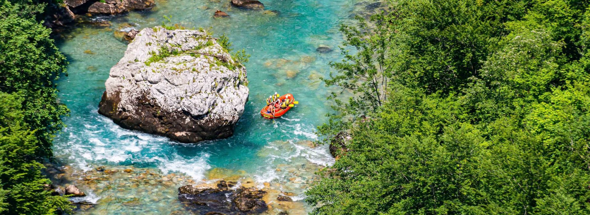 Aerial view of rafting on river Tara, Montenegro, Durmitor